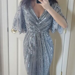 Mac Duggal 93583 Blue Sequined V Neck Cape Sleeve Gown